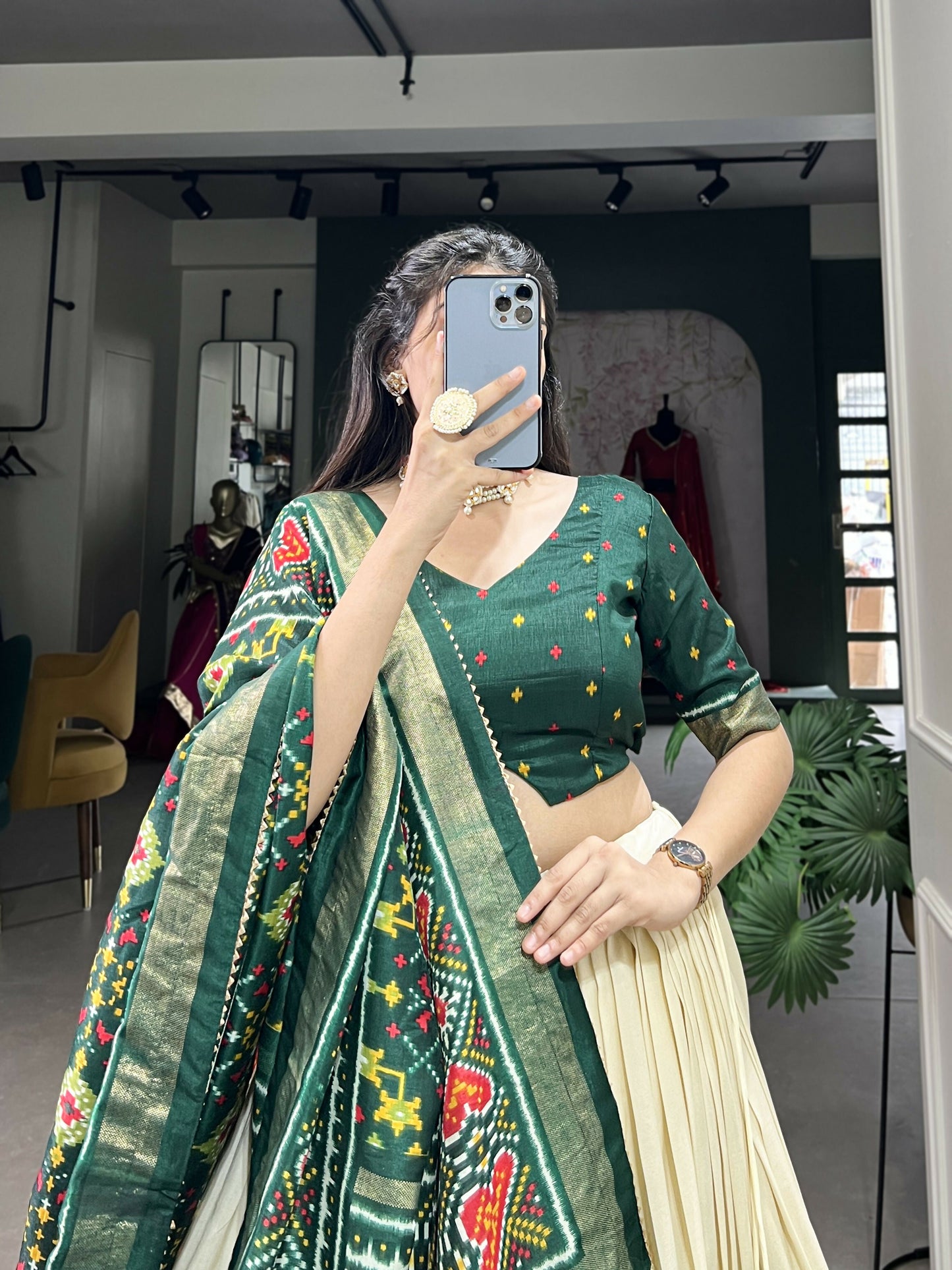 Lorenvalley Offwhite and Green Tussar Silk Patola Print Lehenga Choli | Swadesiicart