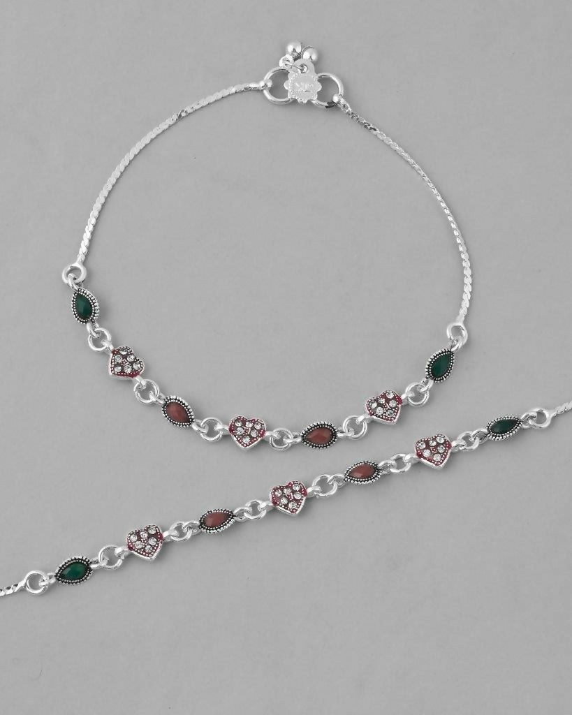 VOJ Set of 2 Silver Plated Heart Shaped Multi Color Anklet - Swadesiicart