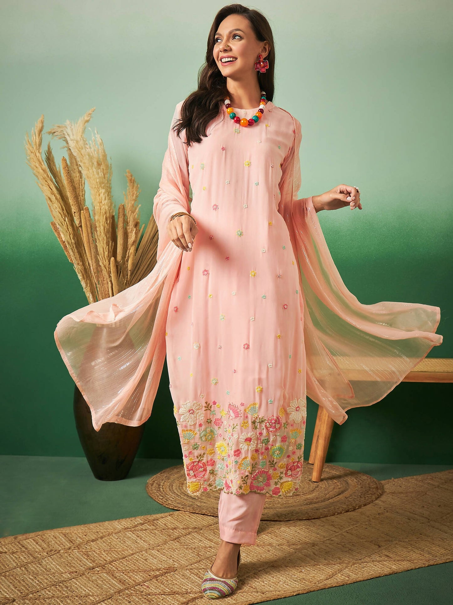 Peach Georgette Handwork Unstitched Dress Material - Hanika | Swadesiicart