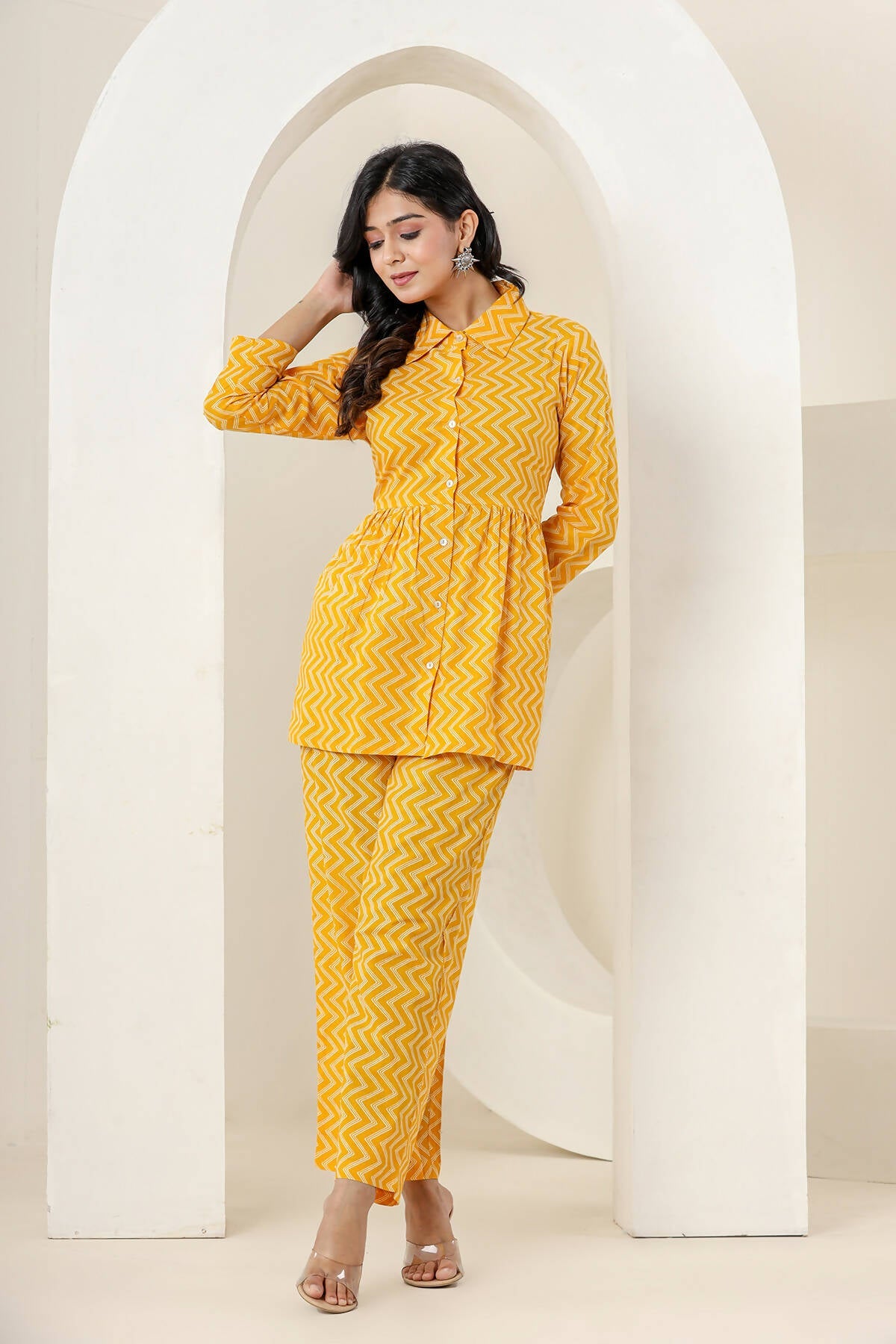Kaajh Women's Yellow Zigzag Print Cotton Co-ord Set - Swadesiicart