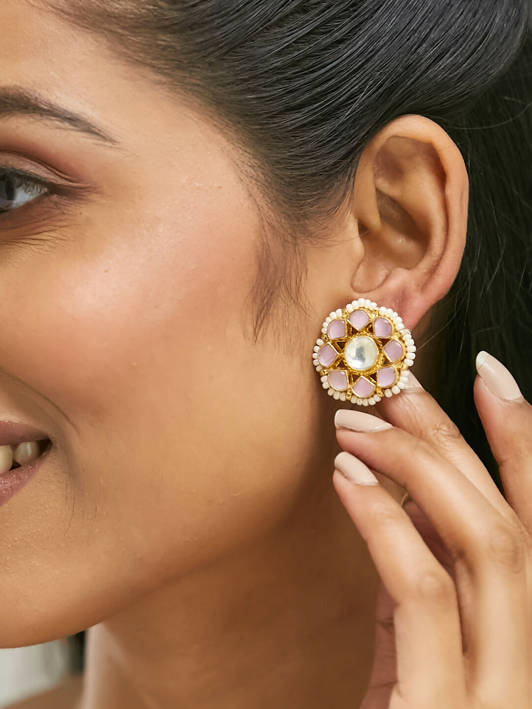 Nuyug 22K Gold-Plated Pink Kundan Studded & Beaded Floral Shaped Studs | Swadesiicart