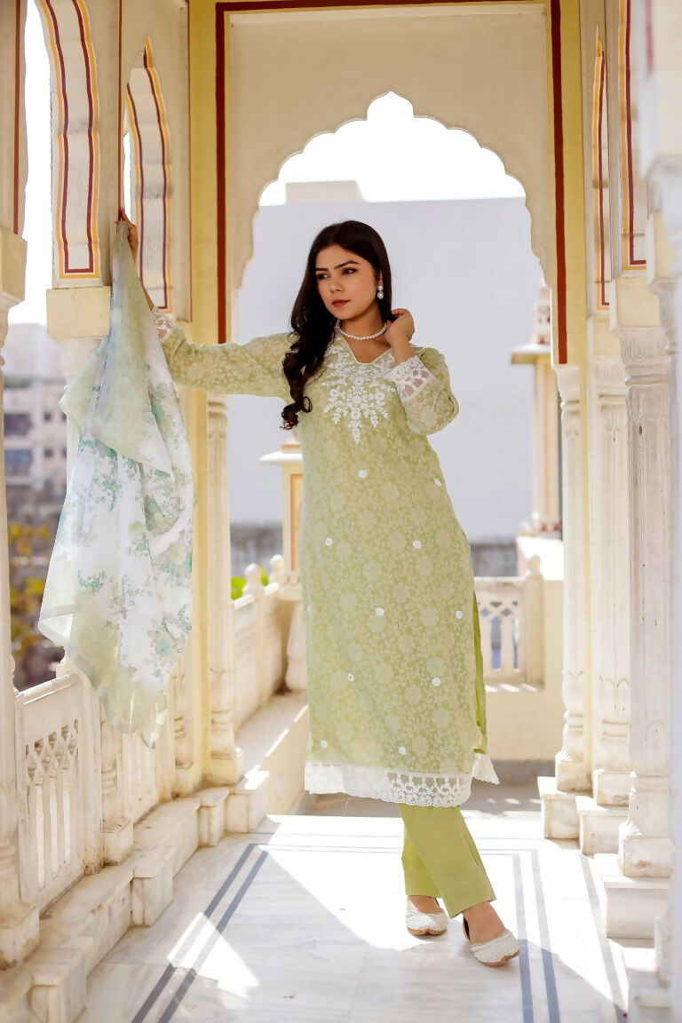 Vaasva Women Pista Green Linen Printed Kurta, Pant & Dupatta set | Swadesiicart