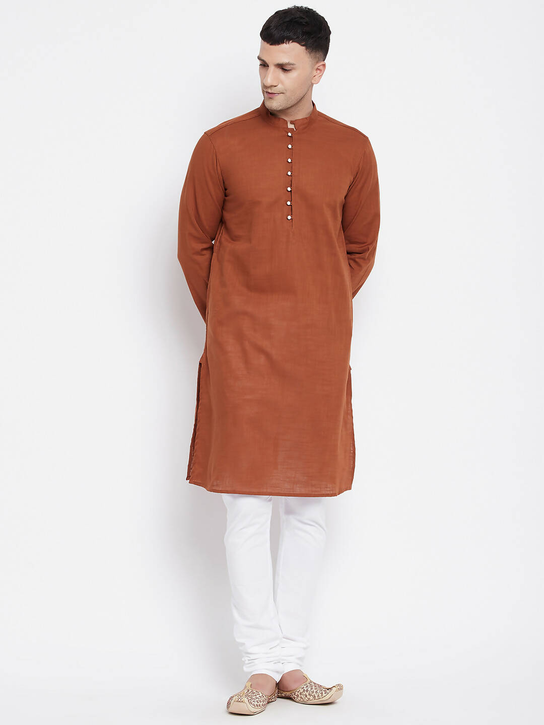 Even Apparels Brown Color Pure Cotton Men's Kurta With Band Collar | Swadesiicart