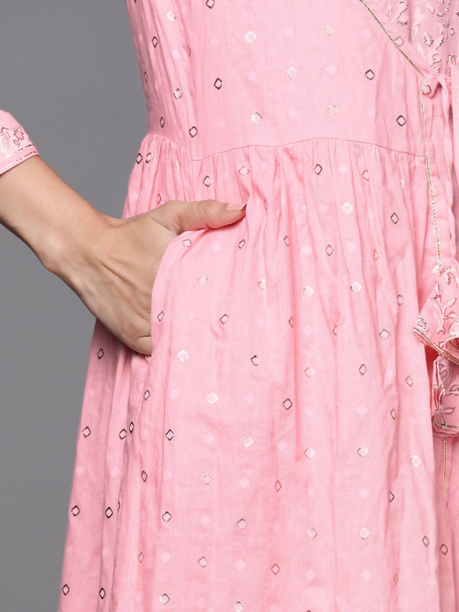 Ahalyaa Pink & Gold Ethnic Printed Layered Front Slit Cotton Anarkali Kurta Palazzos | Swadesiicart