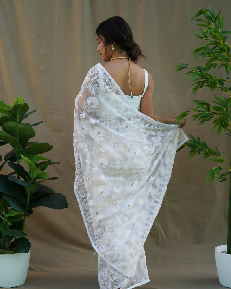 Vamsee Amisha White Organza Saree - Swadesiicart