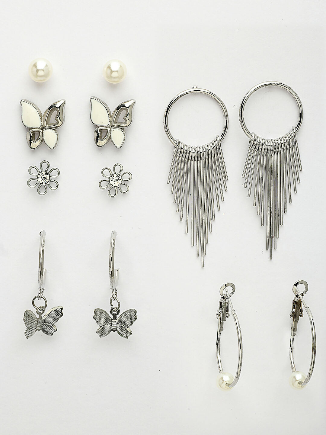 NVR Women's Set of 6 Silver-Plated Contemporary Drop Earrings | Swadesiicart