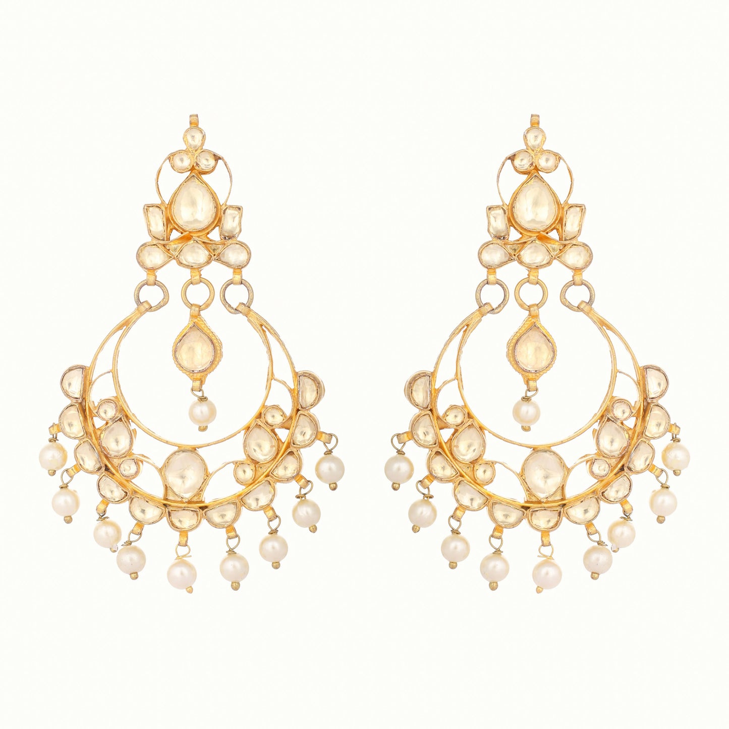 Nuyug 22K Gold Plated Kundan Studded Contemporary Shaped Pearl Drop Chandbalis | Swadesiicart