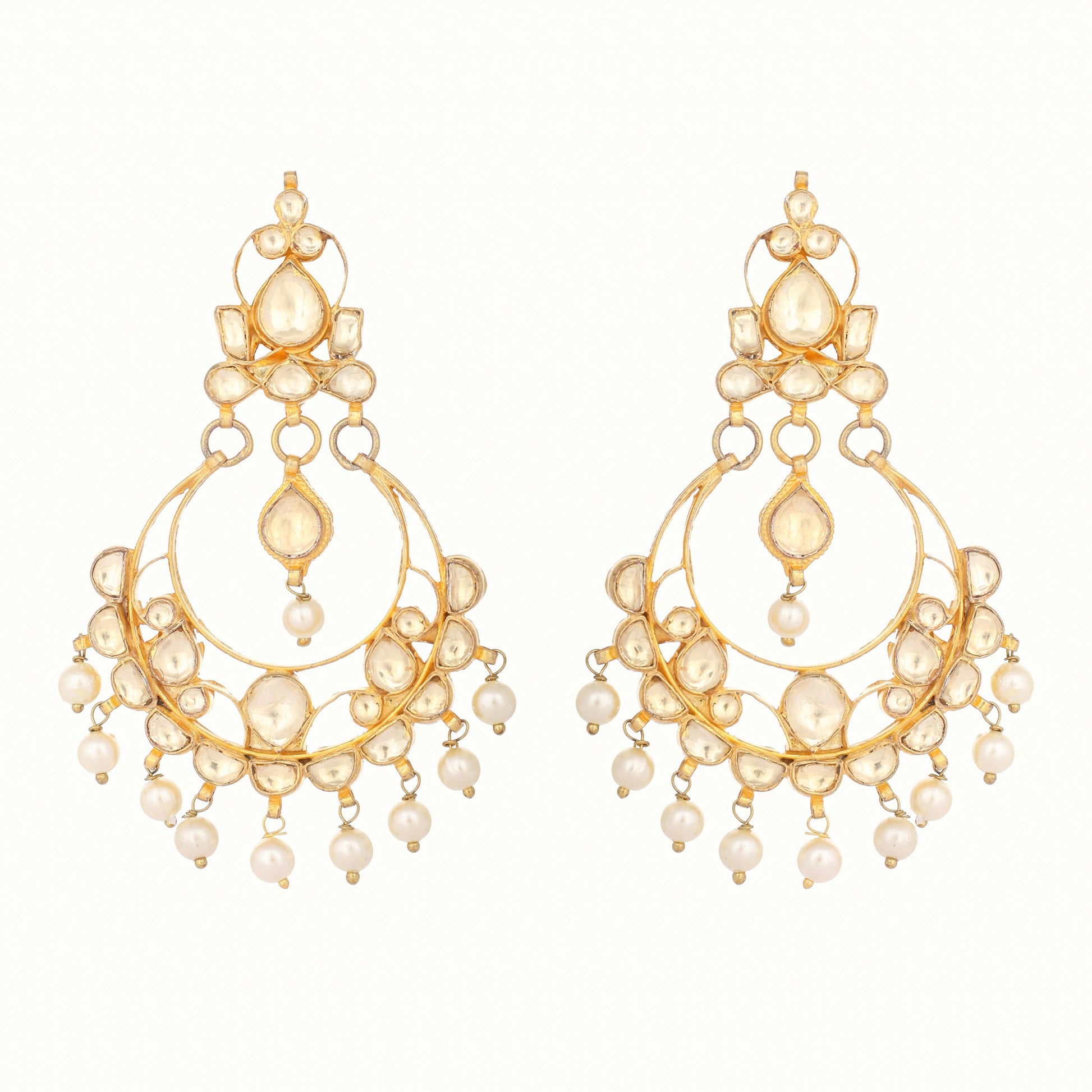 Nuyug 22K Gold Plated Kundan Studded Contemporary Shaped Pearl Drop Chandbalis | Swadesiicart
