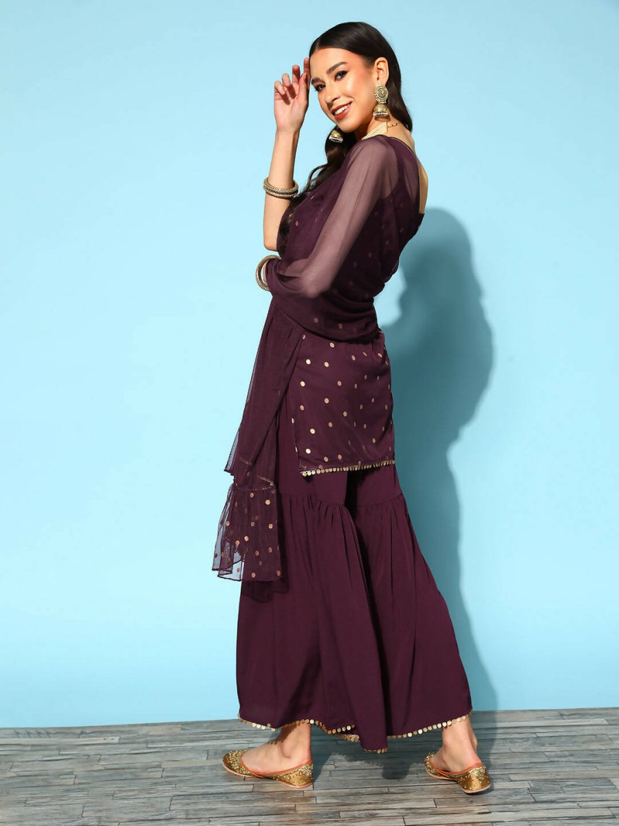 Ahalyaa Women Wine Colour Crepe Gold Printed Kurta Sharara Set | Swadesiicart