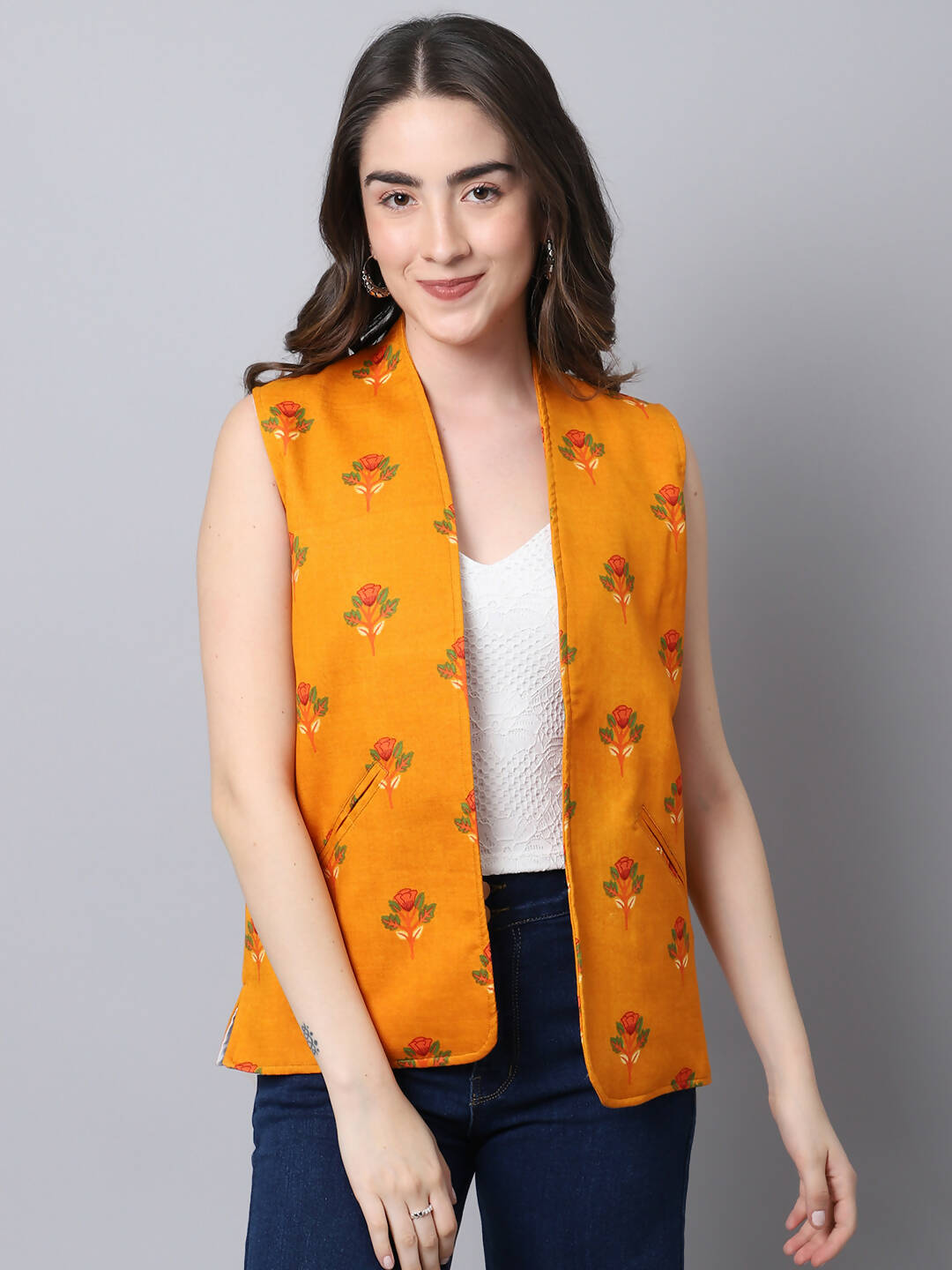 Even Apparels Yellow 100% Viscose Rayon Open Front Gillet (BF009) | Swadesiicart