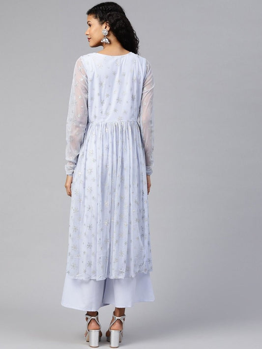 Ahalyaa Women's Blue Net Silver Glitter Printed Kurta Palazzo Set | Swadesiicart