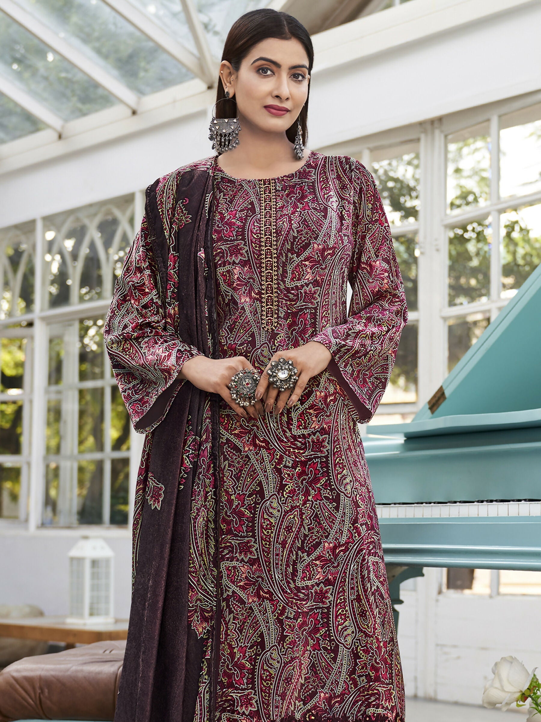 Jyoti Fashion Women's Wine Velvet Digital Print with Resham Thread work Kurta with Trouser & Dupatta | Swadesiicart