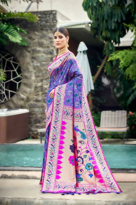 Vishnu Weaves Women's Purple Paithani Patola Silk Zari Woven Saree with Unstitched Blouse - Swadesiicart