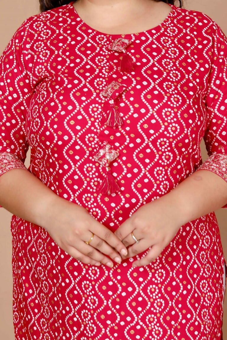 Miravan Women's Plus Size Pink Bandhani Pakistani Straight Kurti - Swadesiicart