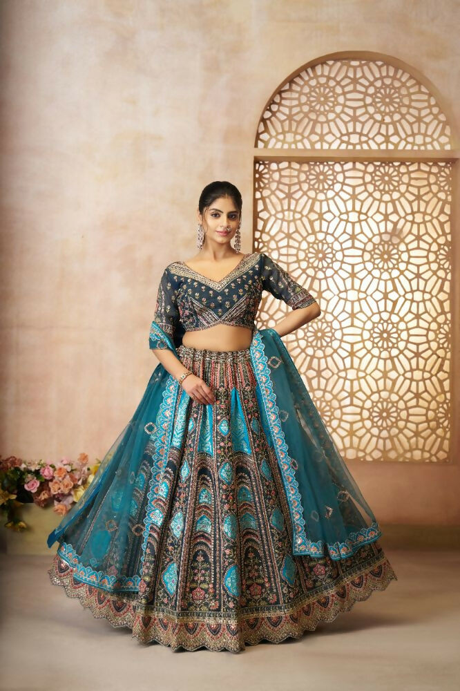 Kesar Fab Blue Banarasi Silk Embroidered Lehenga | Swadesiicart