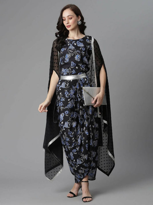Ahalyaa Women's Black Color Crepe Digital Print Top Skirt With Shrug | Swadesiicart