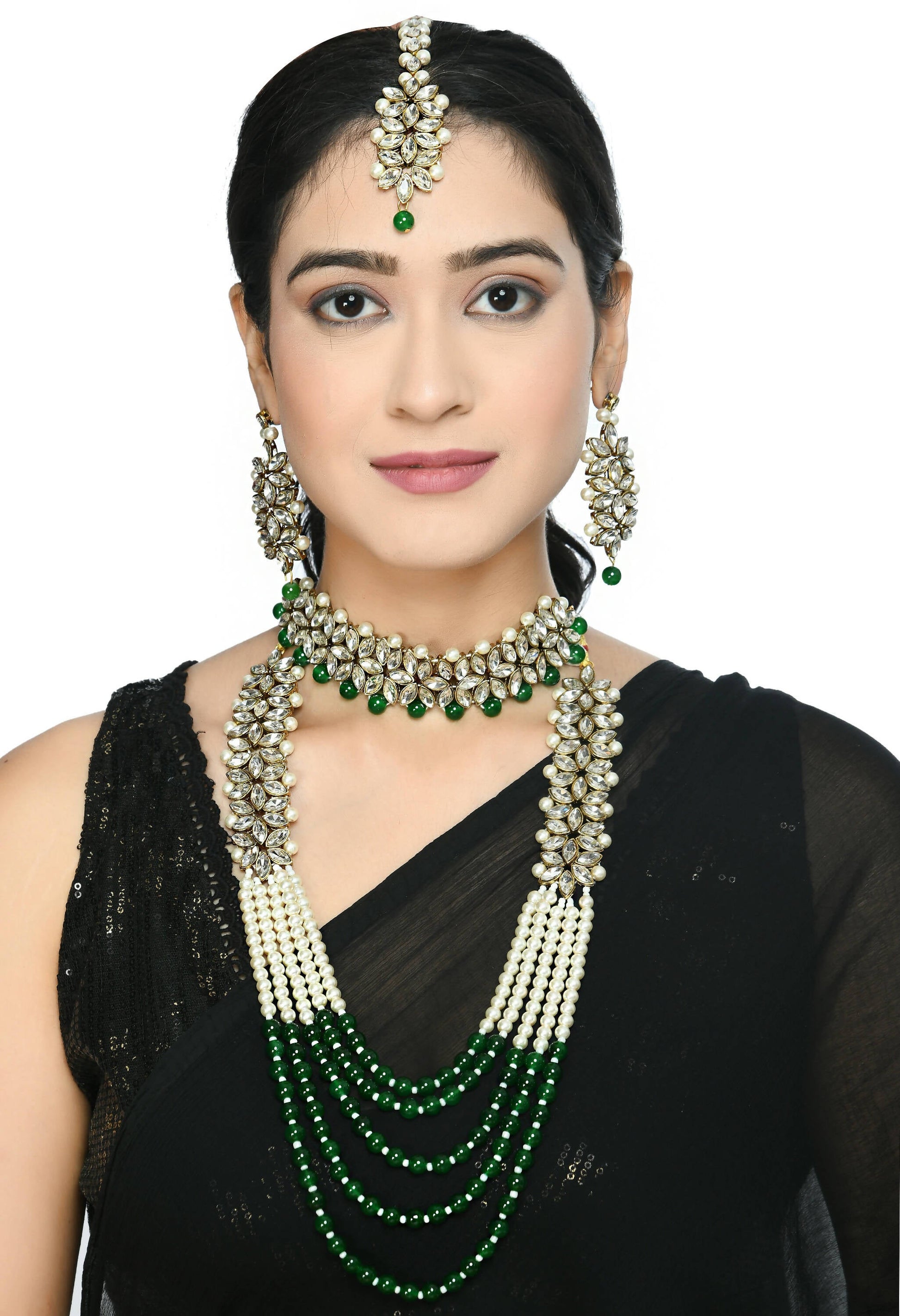 Mominos Fashion Johar Kamal Gold-Polished Rani Haar with Green and Off white Pearls Jewellery Set - Swadesiicart