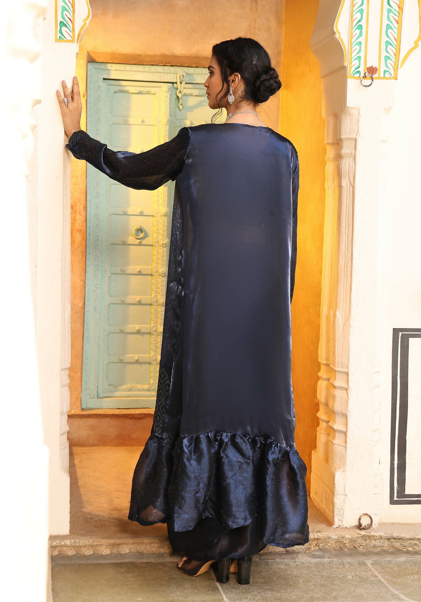 Navy Blue Tom Silk Plain Ready To Wear Saree With Stitched Blouse - Satiksha | Swadesiicart