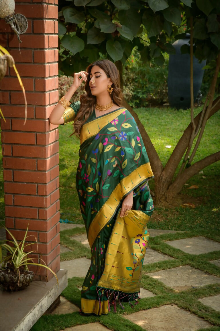 Jyoti Fashion Women's Bottle Green Paithani Silk Zari Woven Saree with Blouse | Swadesiicart