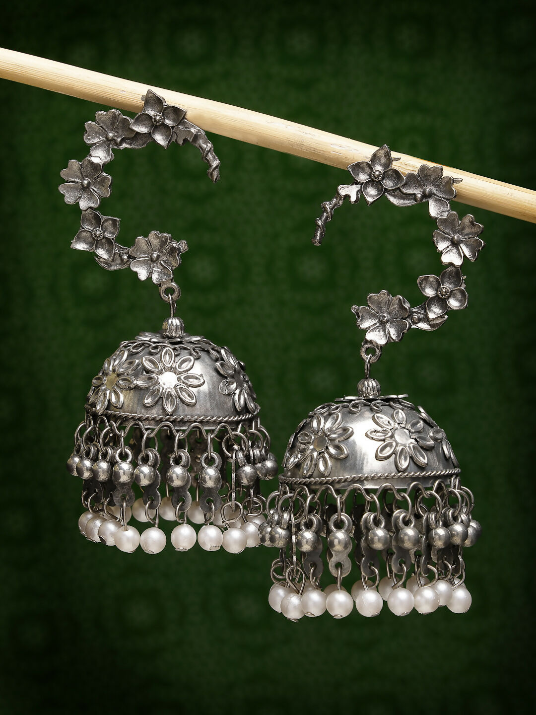 NVR Women's Silver Plated Pearl Beaded Oxidised Contemporary Jhumka Earrings | Swadesiicart