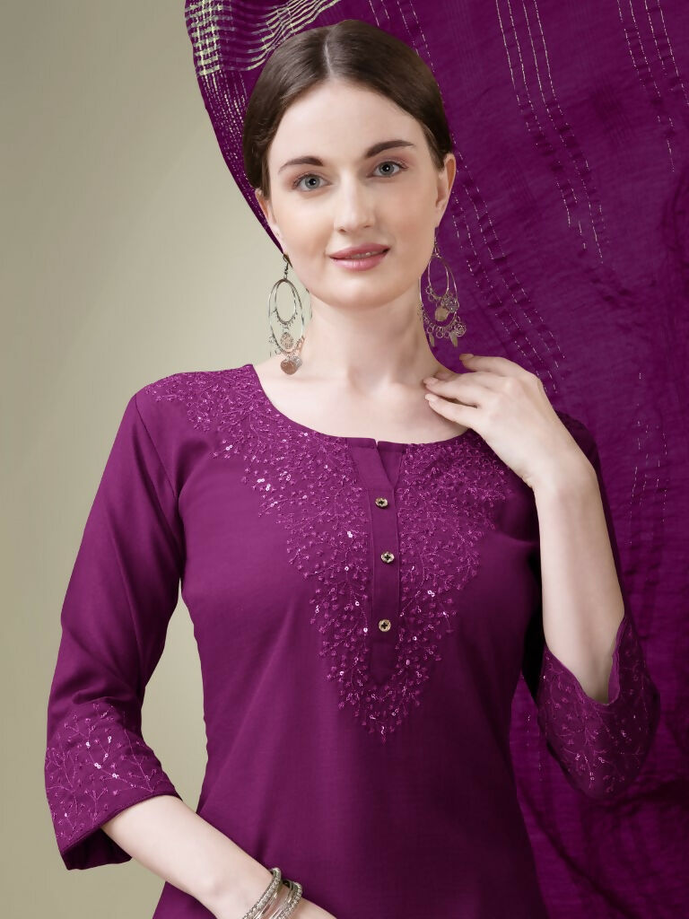 Jyoti Fashion Women's Purple Cotton Blend Embroidery & Sequence work Kurta with Trouser & Dupatta | Swadesiicart