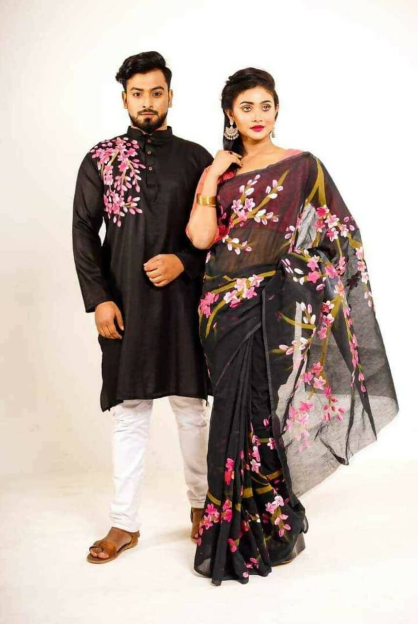 Exclusive Collection Elegant Hand Printing Designe On Pure Cotton Saree And Men's Kurta - Black | Swadesiicart