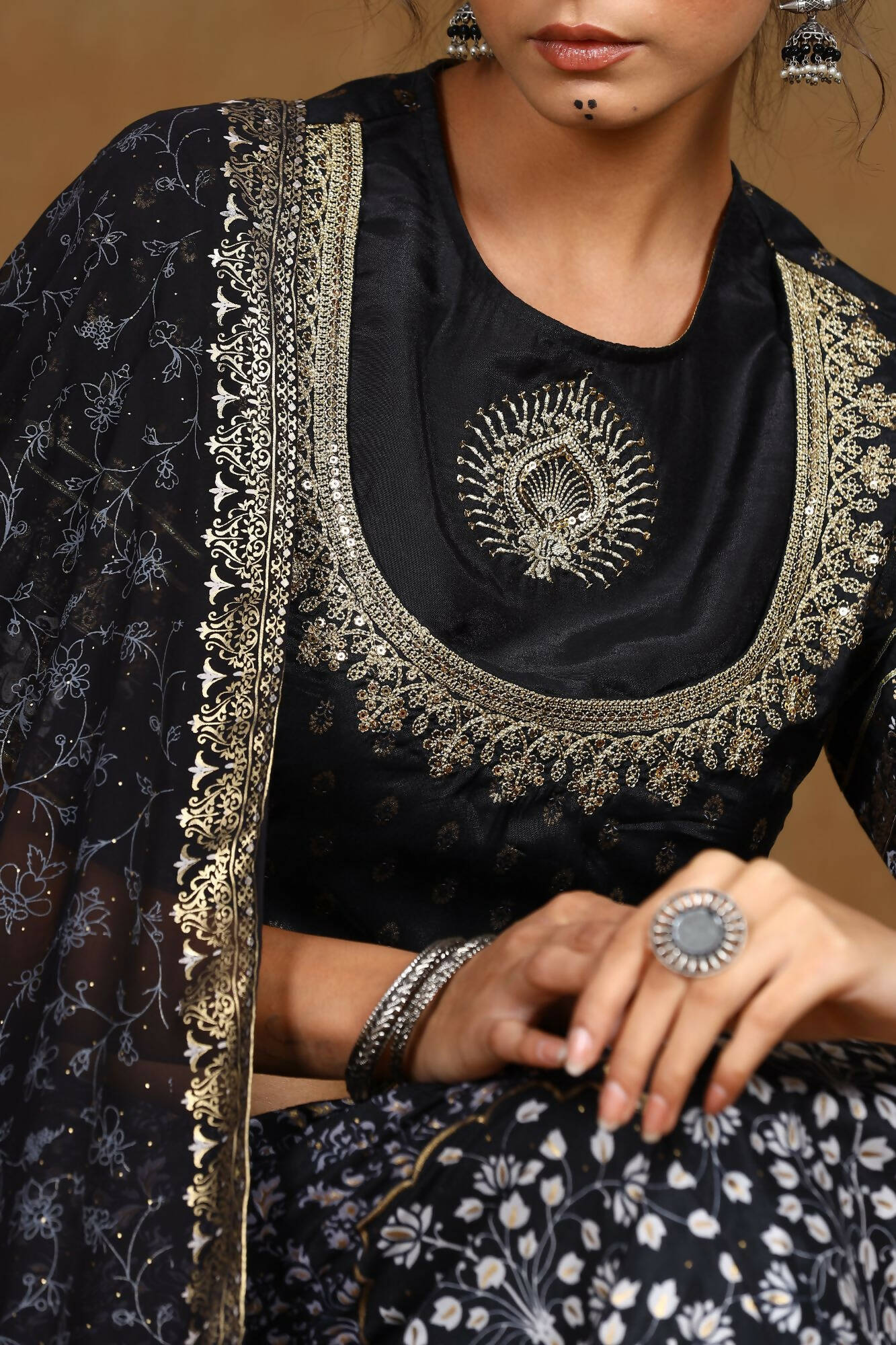 Juniper Women Black Shantoon Embroidered Flared Lehenga Choli Sets | Swadesiicart