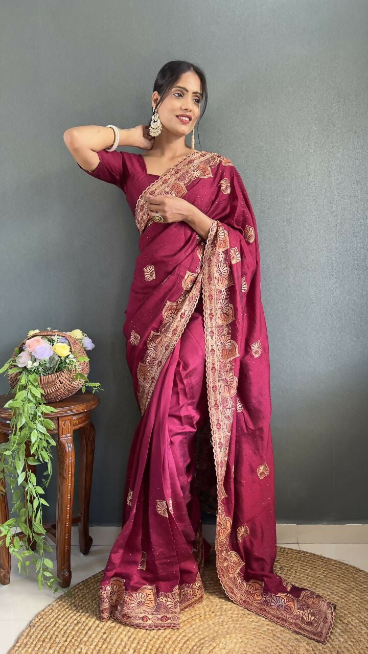 Vastranavya Pink Vichitra Silk Zari with Swarovski Work Ready to Wear Saree | Swadesiicart