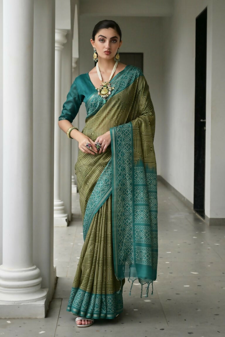 Vishnu Weaves Women's Rama Soft Tussar Silk Printed Saree with Blouse - Swadesiicart