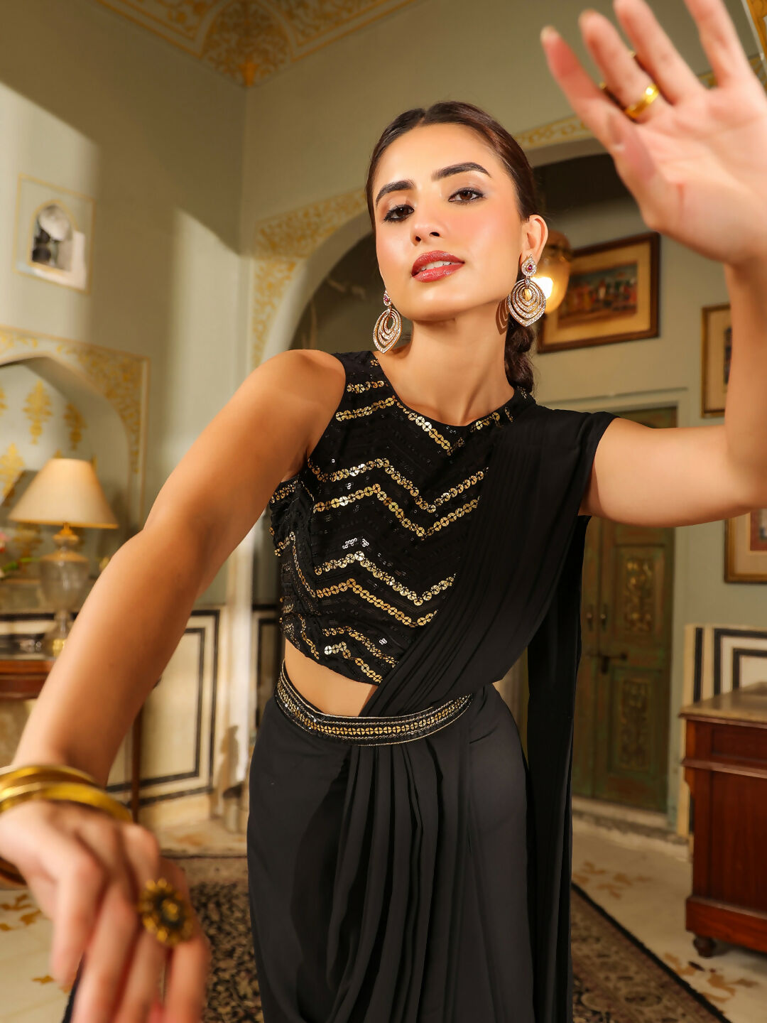Janasya Black Georgette Sequined Saree and Blouse | Swadesiicart