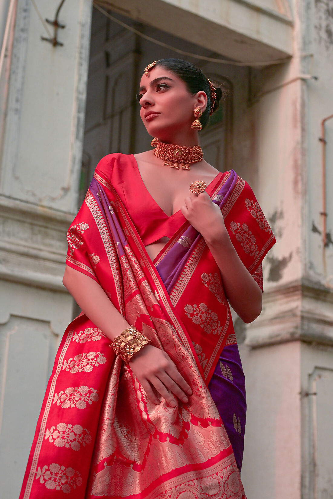 Vishnu Weaves Women's Wine Kanchi Silk Woven Saree with Blouse - Swadesiicart