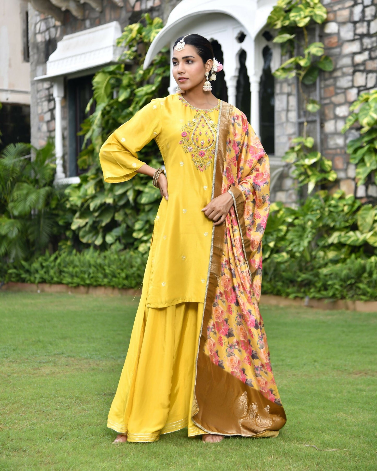 Vaasva Women's Silk Mustard Emboidered Solid Kurta, Sharara & Dupatta Set | Swadesiicart