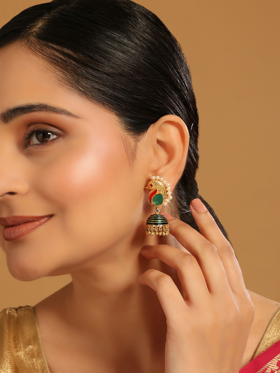 Nuyug 22K Gold Plated Pearls Studded Contemporary Shaped Enamel Jhumkas | Swadesiicart