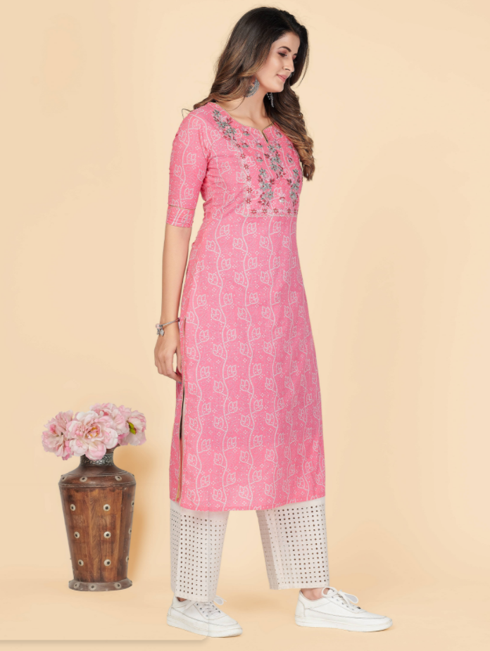 NOZ2TOZ Women's Printed & Embroidered Straight Cotton Pink Stitched Kurta (1Pc) - Swadesiicart