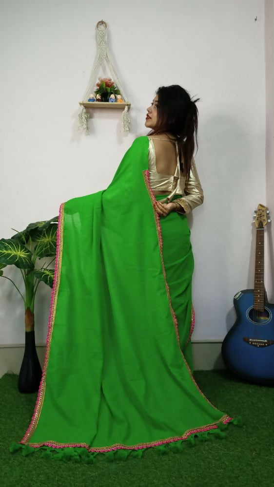 Exclusive Collection Beautiful Khadi Cotton Handloom Saree With Beautiful Zari Border - Parrot Green - Swadesiicart