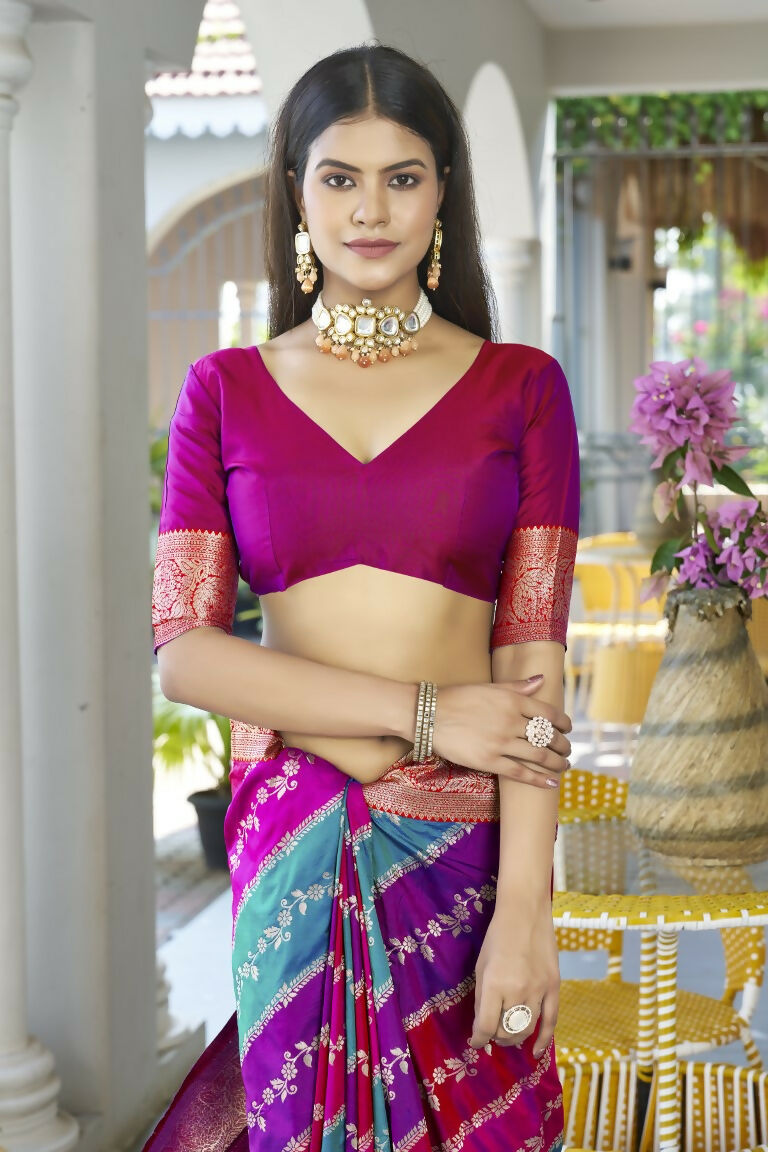 Vishnu Weaves Women's Pink Banarasi Silk Zari Woven Saree with Blouse - Swadesiicart