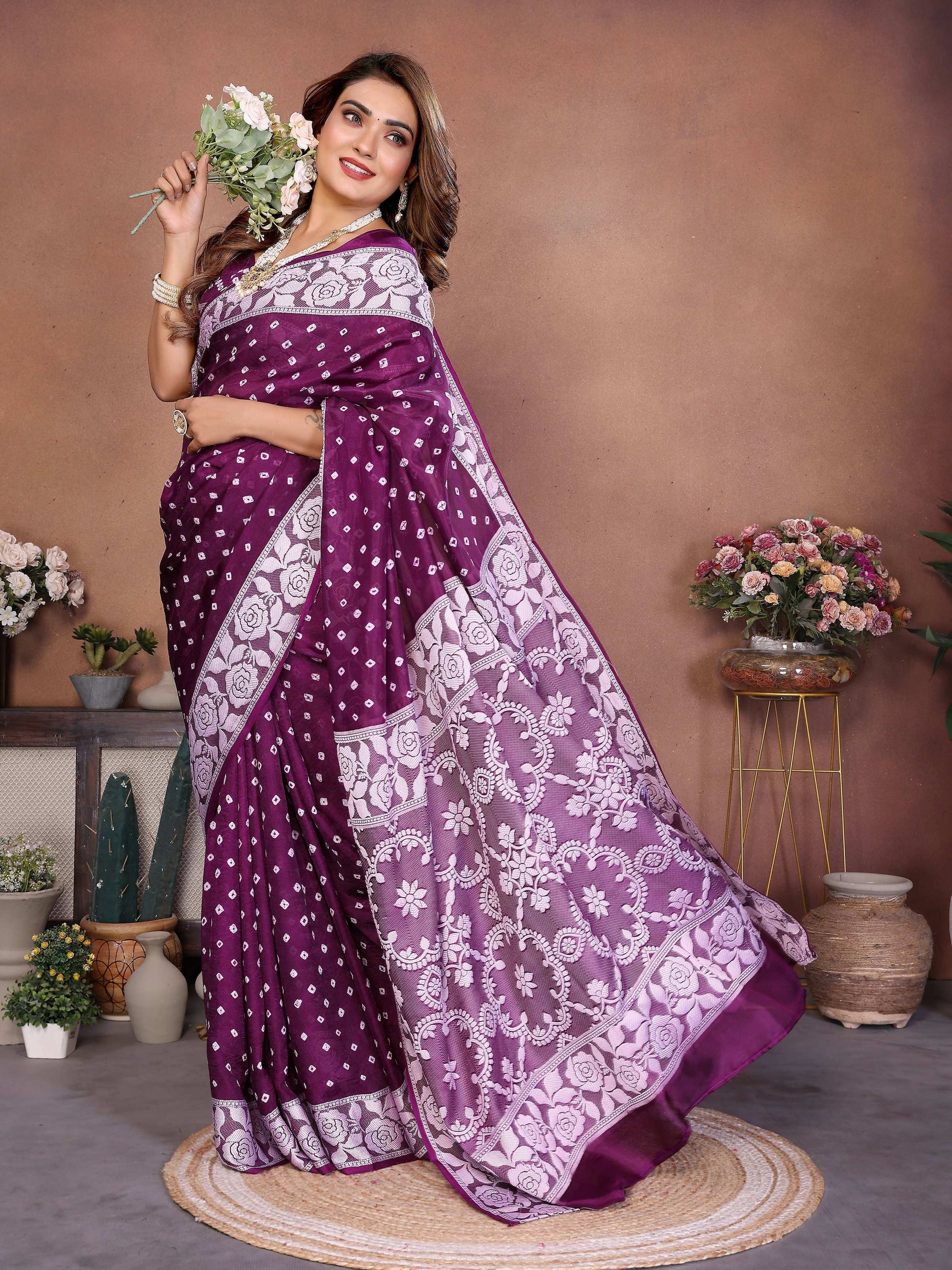 Aastha Fashion Wine Viscose Silk Handmade Original Bandhej Saree