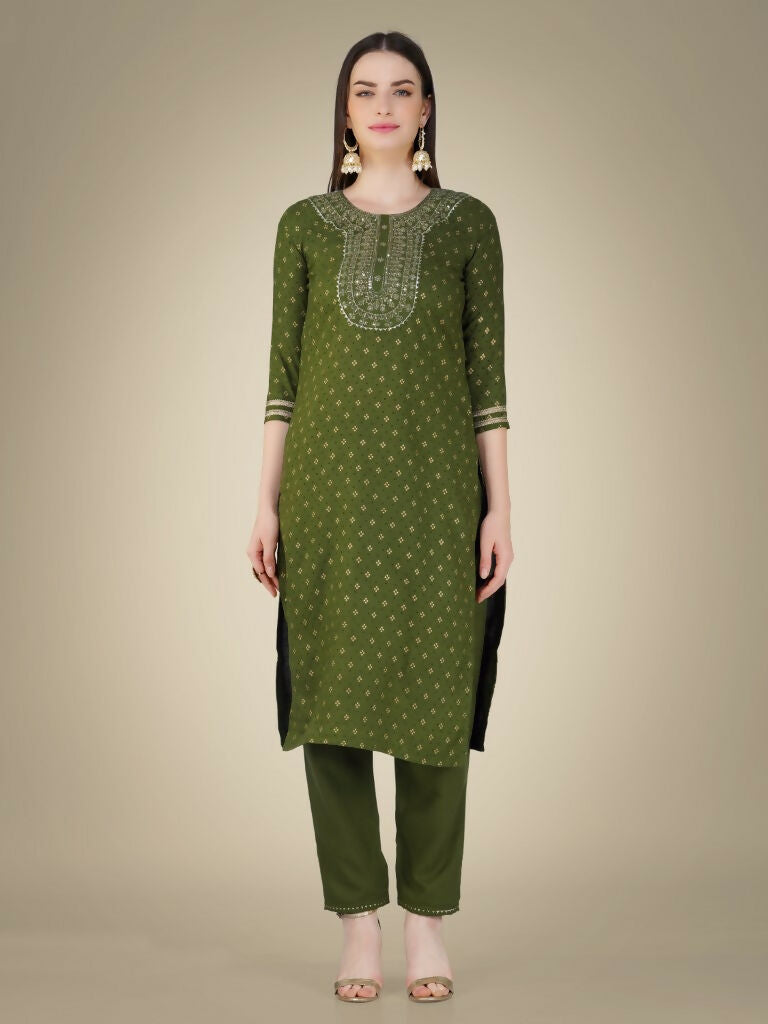 Jyoti Fashion Women's Mehendi Cotton Magic Slub Embroidery & Sequence work Kurta with Trouser & Dupatta | Swadesiicart