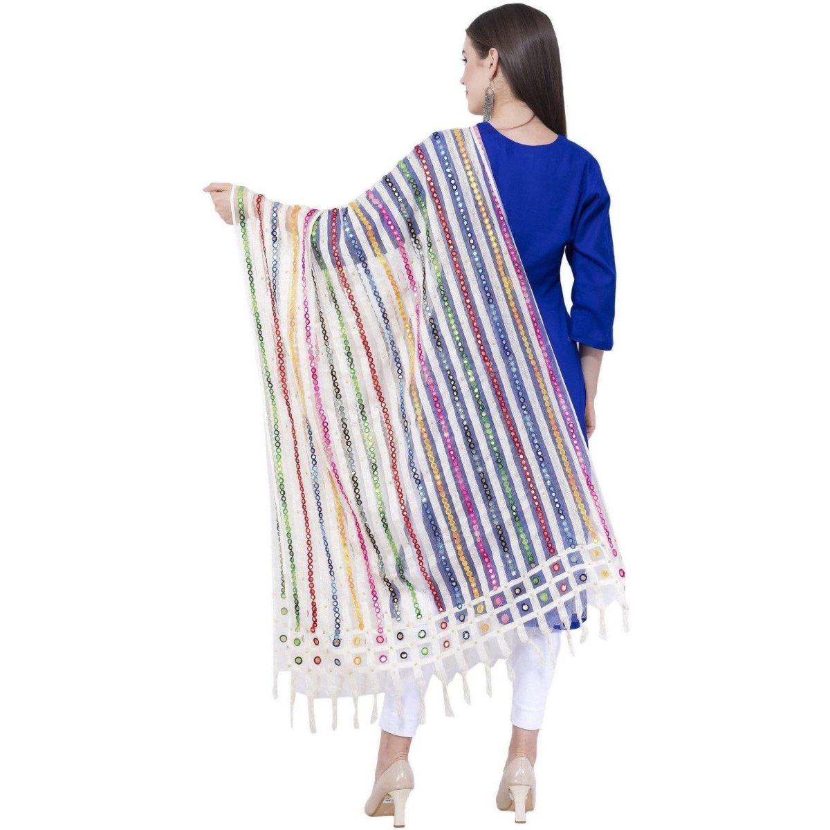 A R Silk Women's Multi Thread Work Orgenza Cotton White Dupattas and Chunnis | Swadesiicart