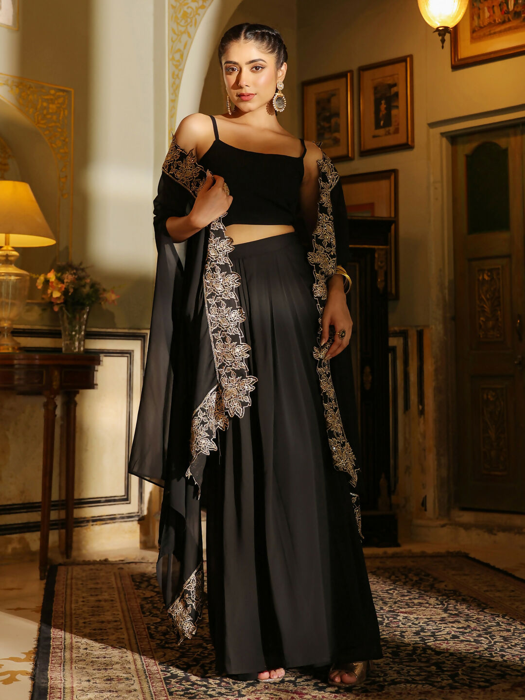 Janasya Black Georgette Solid Top Bottom Cape | Swadesiicart