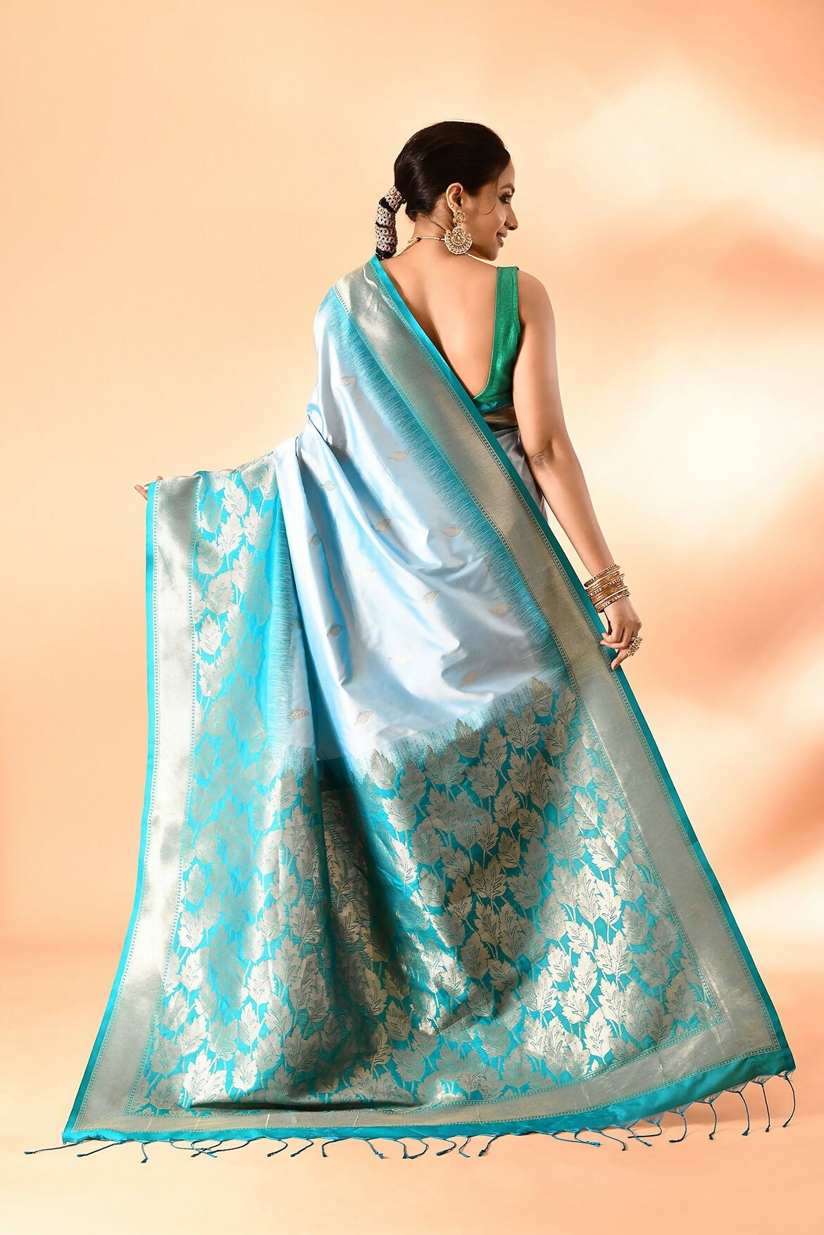 Joban Fashion Sky Blue & Rama Plain With Weaving Border Banarasi Silk Sarees | Swadesiicart