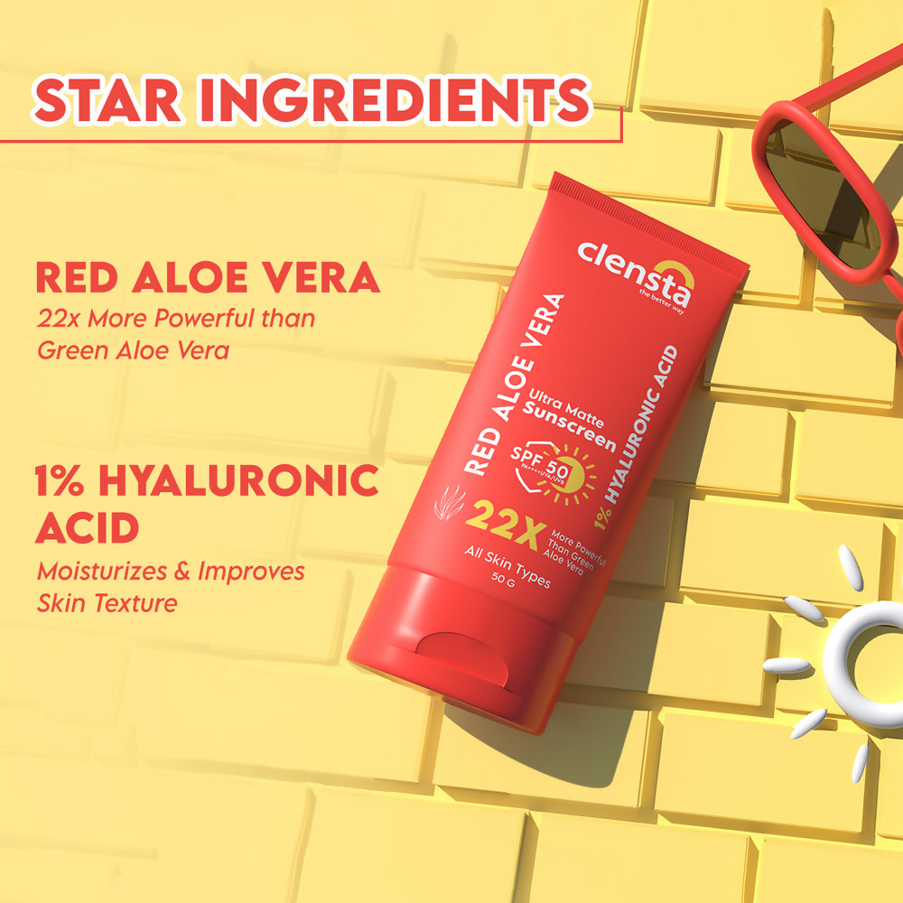 Clensta Red Aloe Vera Ultra Matte Sunscreen SPF 50 | Swadesiicart