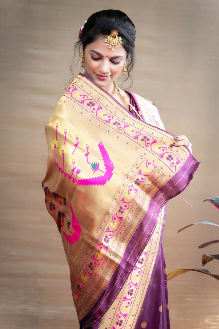 Jyoti Fashion Women's Wine Paithani Silk Zari Woven Saree with Blouse | Swadesiicart