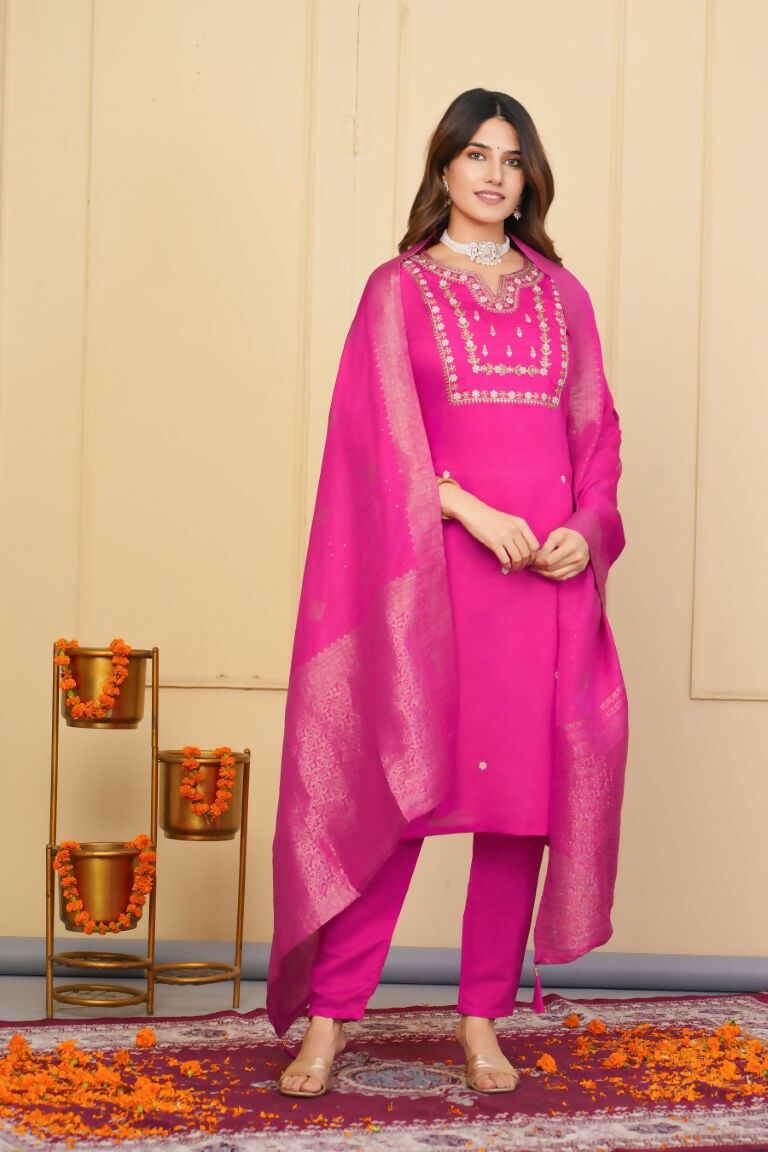Pink Viscose Chanderi Embroidered Stitched Suit With Dupatta - Tanisha | Swadesiicart