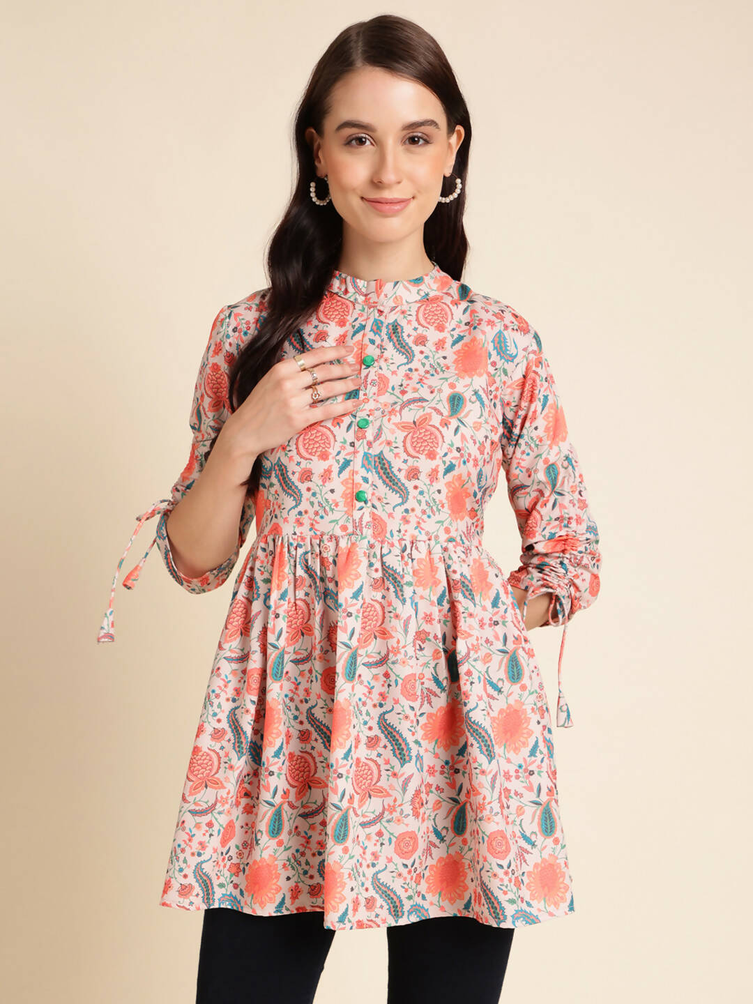 Orange Poly Rayon Digital Printed A-line Top - Tarini - Swadesiicart