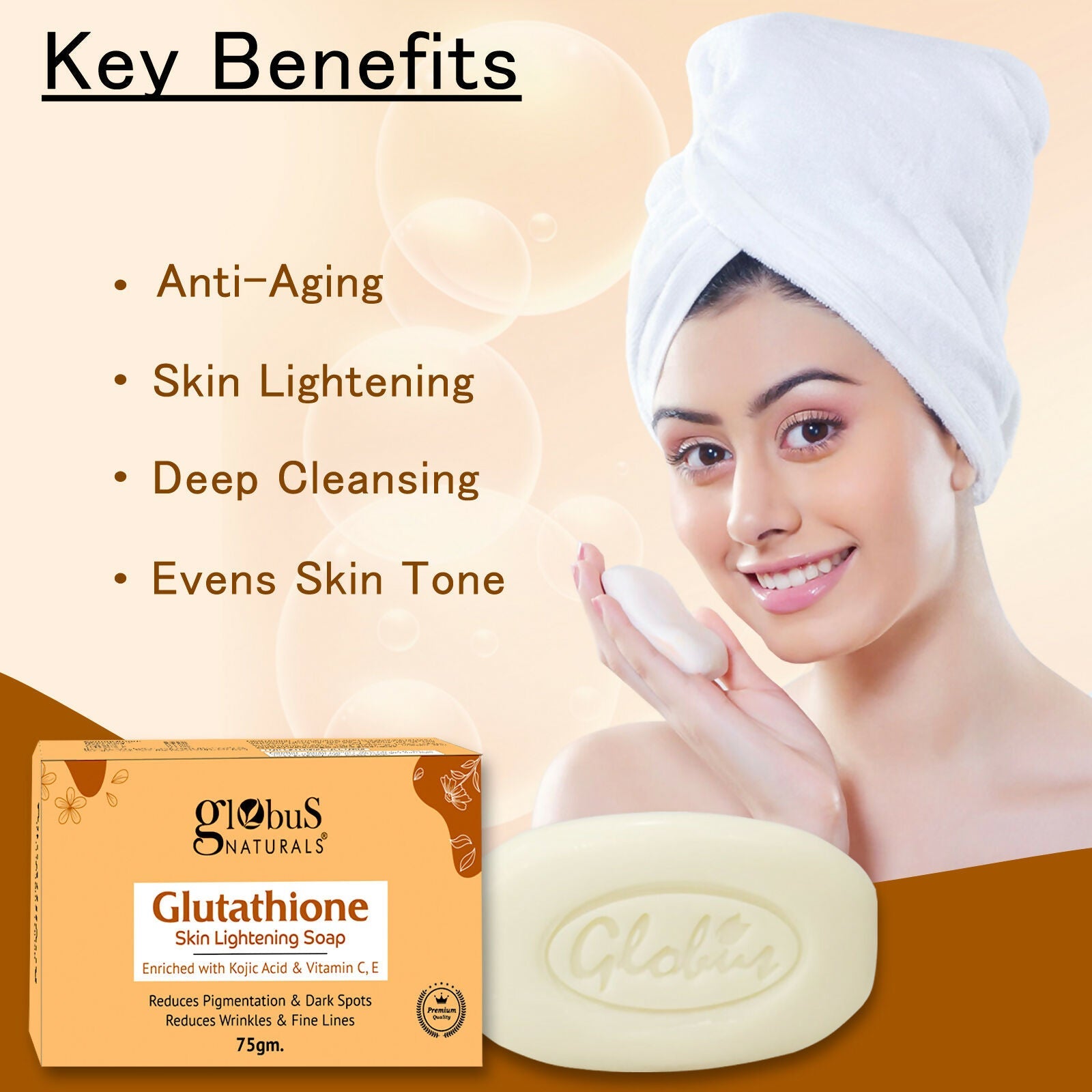 Globus Naturals Glutathione Skin Lightening Soap Enriched with Kojic Acid & Vitamin C, E, Reduces Dark Spots, Wrinkles & Fine Lines | Swadesiicart