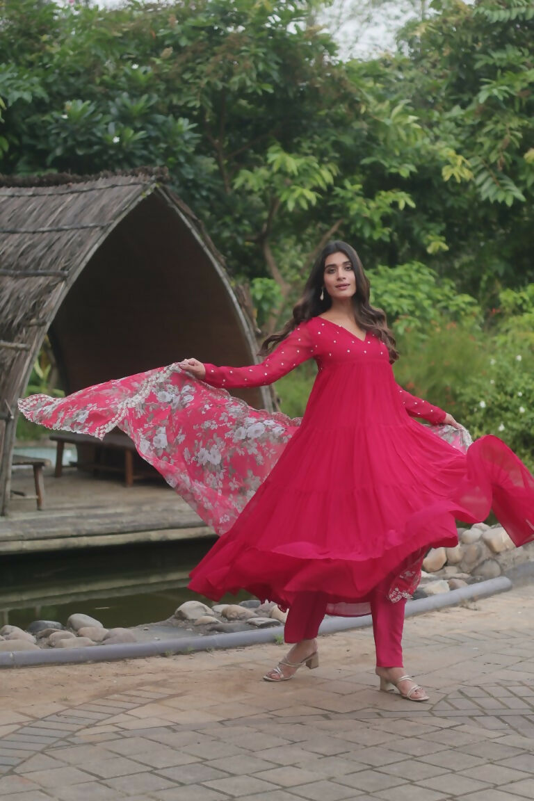 Jyoti Fashion Women's Pink Faux Blooming Butti Work Kurta with Trouser & Dupatta | Swadesiicart