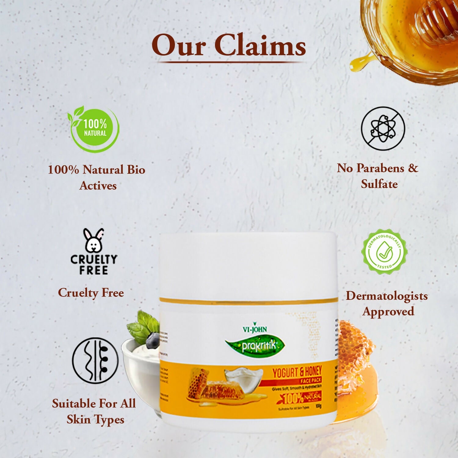 VI-JOHN Prakritik Yogurt & Honey Face Pack Restoresgmlow, Made With 100% Natural Bio Actives | Swadesiicart