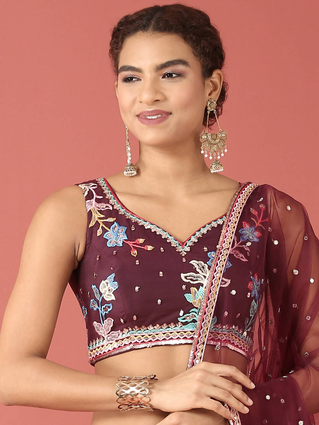 House of Panchhi Burgundy Net Multi colour Thread & Sequinse Work Lehenga & Blouse, Dupatta | Swadesiicart