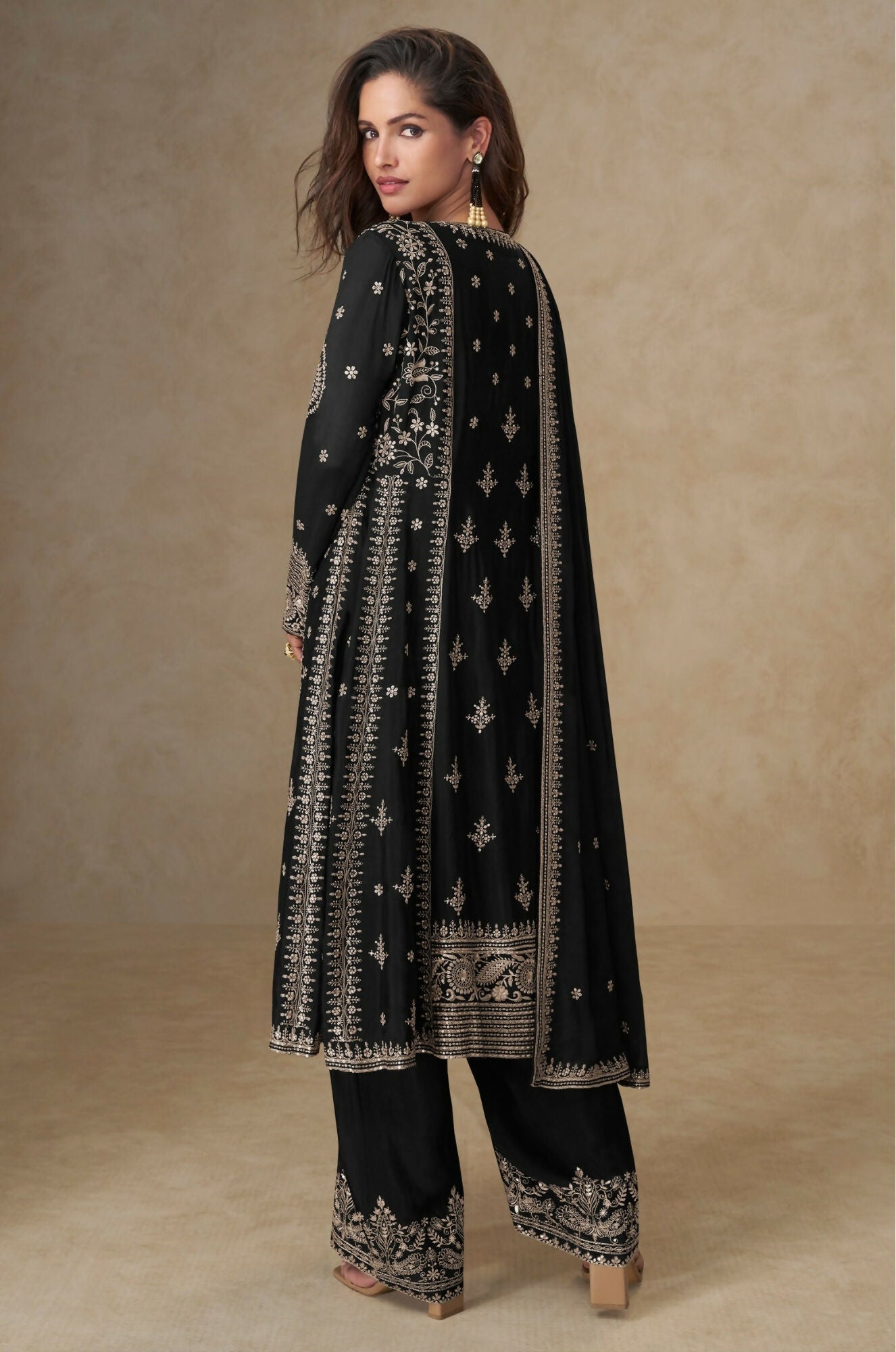 Anaita Black Chinon Silk Stitched Suit with Embroidery & Sequence Work